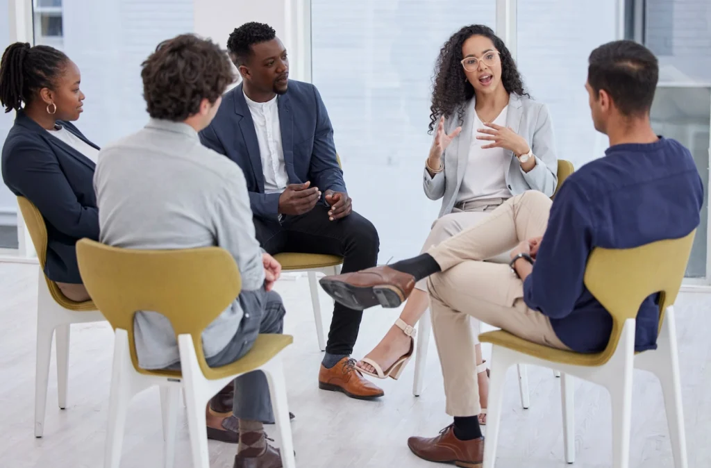 People participate in therapy for anxiety treatment.